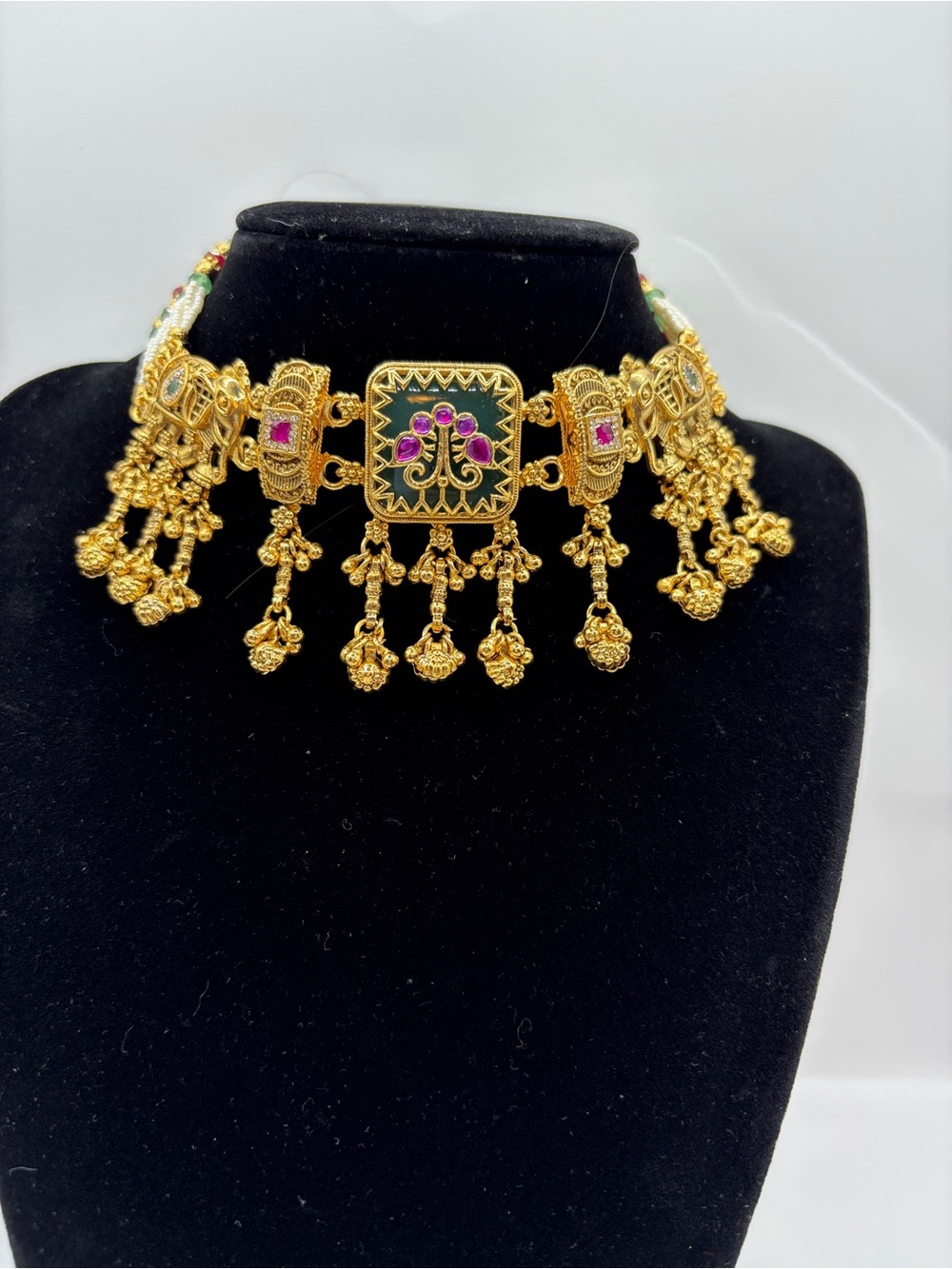 Gold Plated Traditional Heritage Choker Necklace with Green and Pink Accents